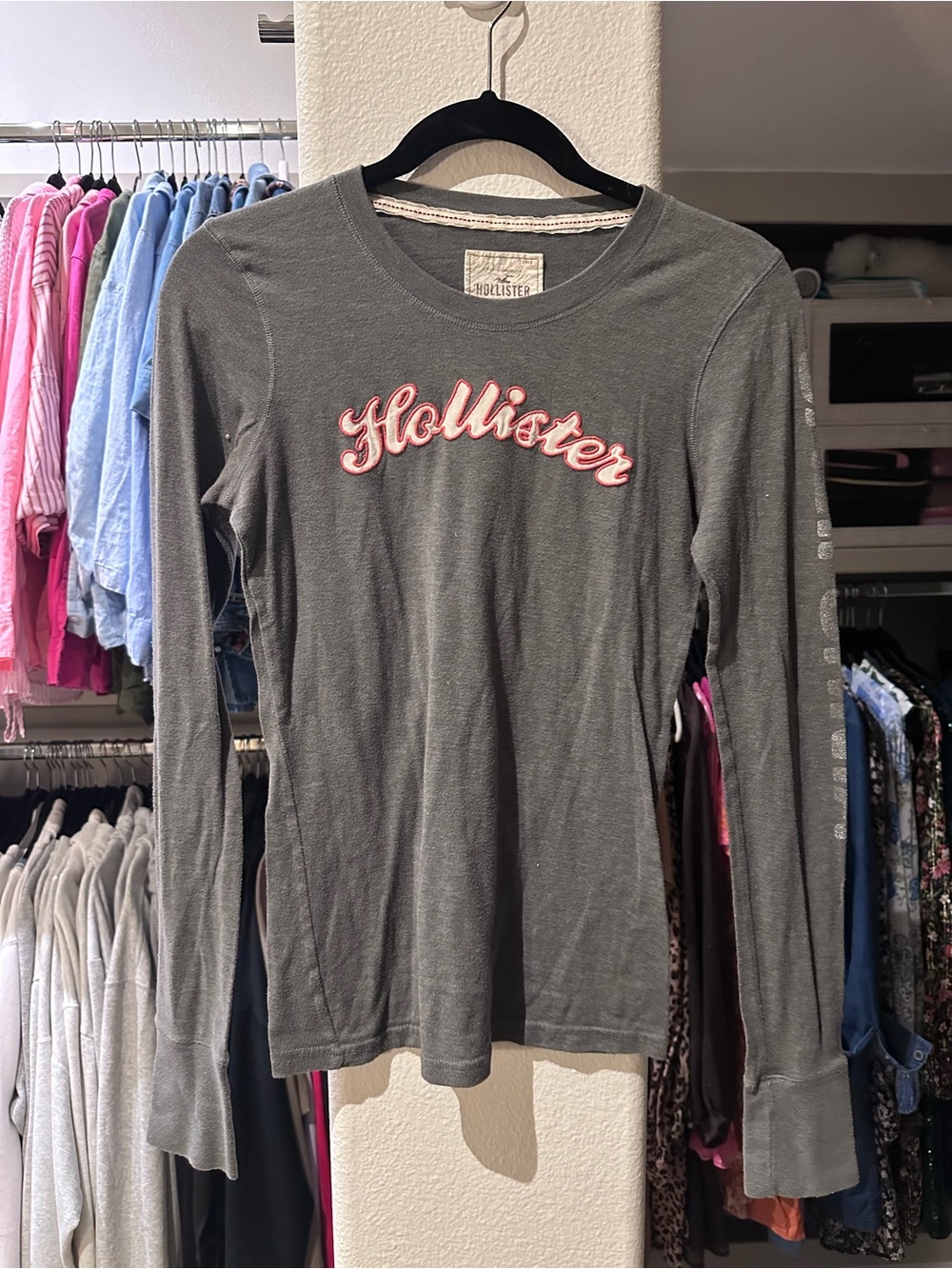 Hollister Dark Gray Long Sleeve Tee with Pink Script Logo